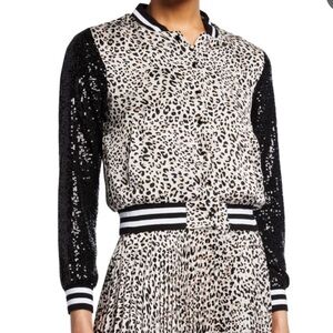 Leopard Print Bomber Jacket with Black Sequin Sleeves